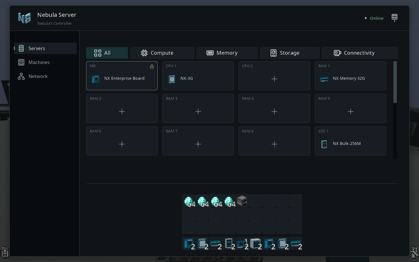 Nebula Server interface showing configurable hardware slots