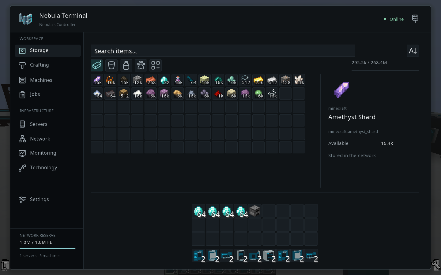 Nebula Terminal showing searchable network storage